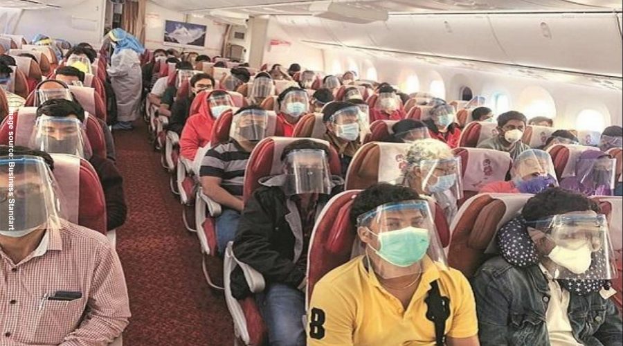 peaole sitting in flight with face shields and masks