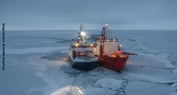 a ship stuck in frozen sea